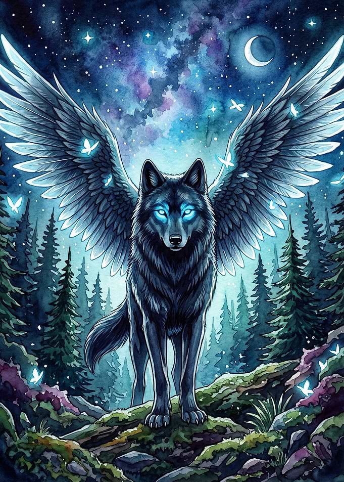Winged Wolf Forest Galaxy Watercolo