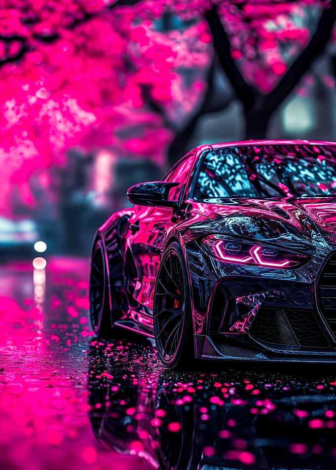Neon Pink Sports Car in Rain