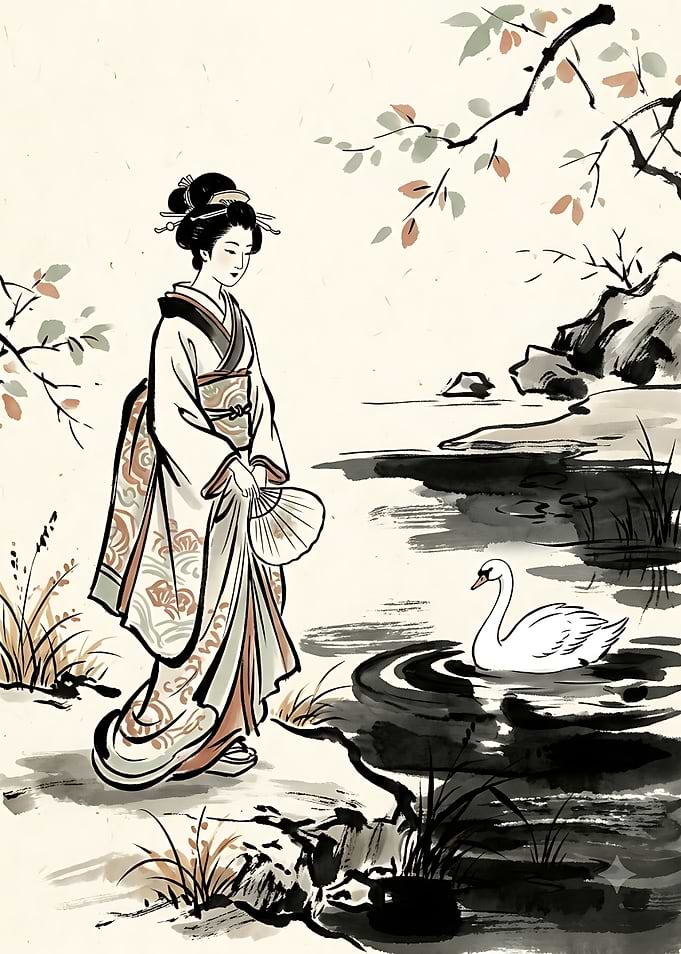 Geisha with Swan by Pond