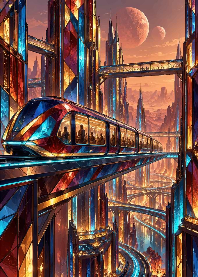Futuristic Stained Glass City Train