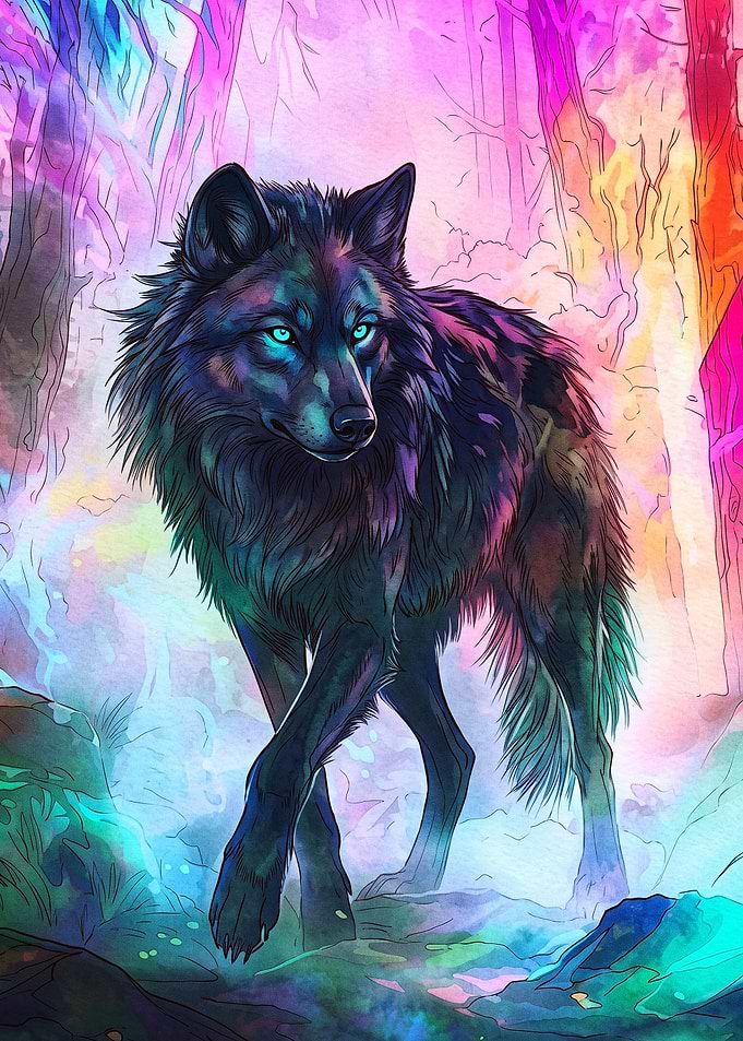 Neon Wolf Forest Watercolor Poster