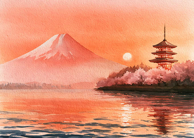 Watercolor Mount Fuji and Pagoda Sunset