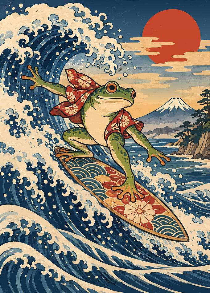 Surfing Frog Japanese Woodblock Style