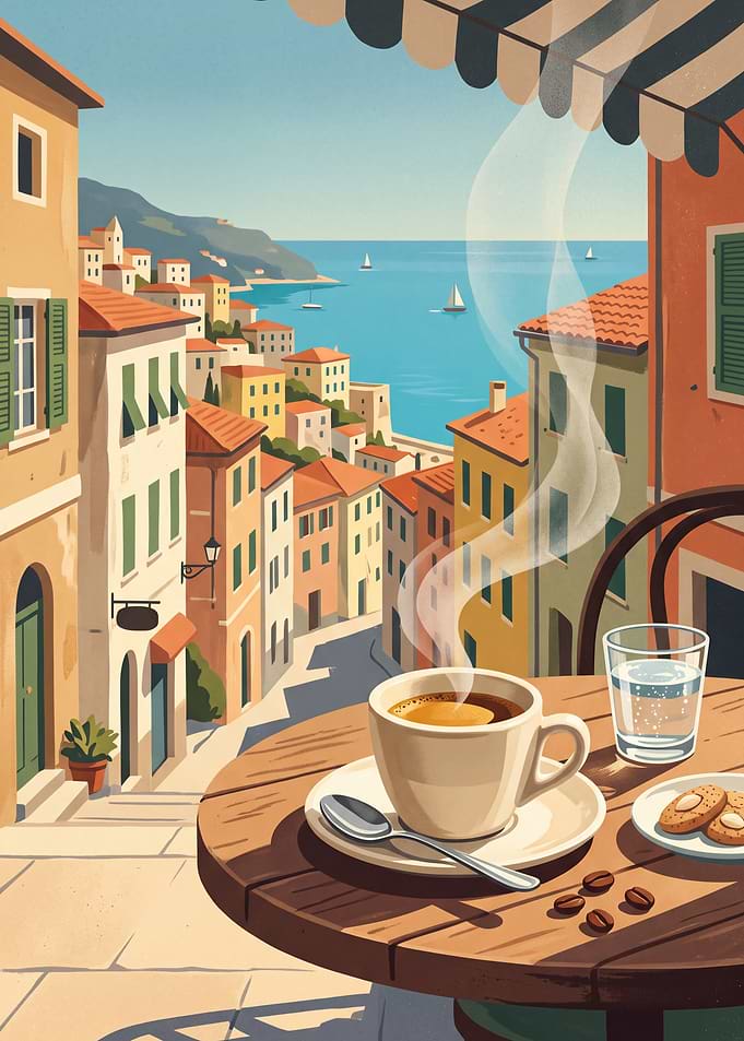 Coffee overlooking a Mediterranean coastal town