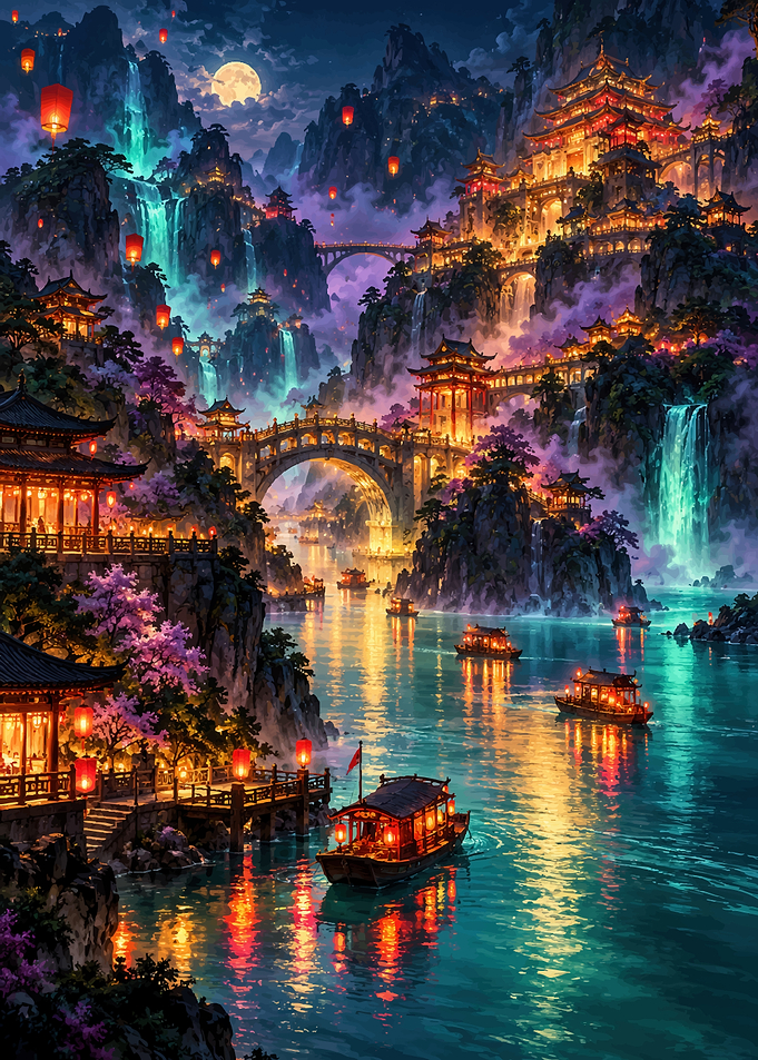 Enchanted Asian Mountain Village at Night