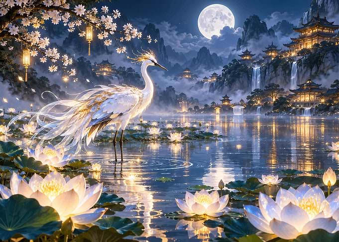 Ethereal Crane in Moonlit Lotus Pond