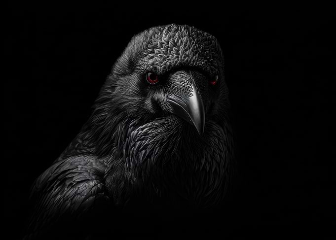 Ominous Raven with Glowing Red Eyes