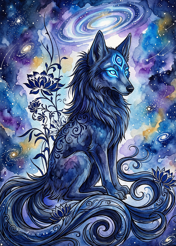 Cosmic Wolf Galaxy Watercolor Art