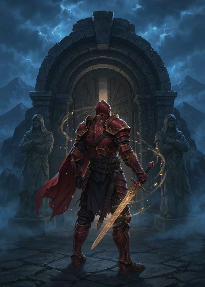 Red Knight Before Ancient Gate