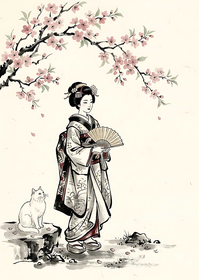 Geisha with Cat Under Cherry Blossoms