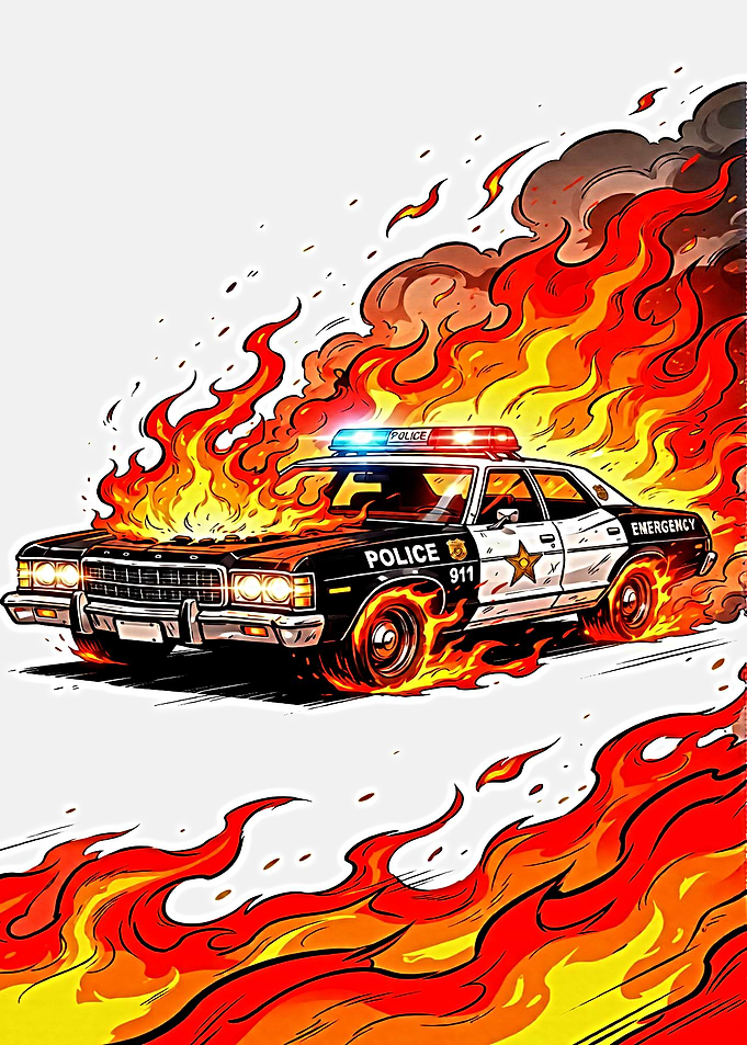 Burning Vintage Police Car Illustration