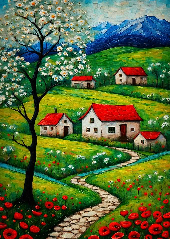 Spring Village Landscape Oil Art