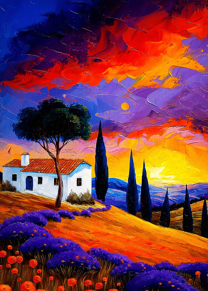 Tuscan Sunset Villa Oil Painting