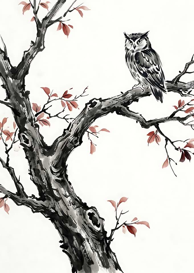 Owl Perched on Ink Wash Tree