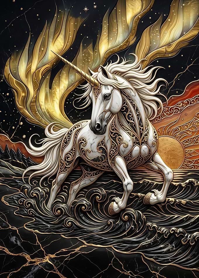Ornate Golden Marble Unicorn Art