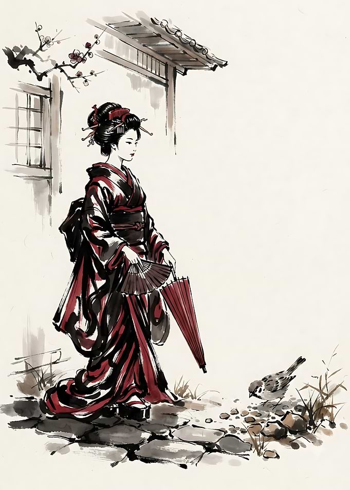 Geisha with Sparrow Ink Wash Painting