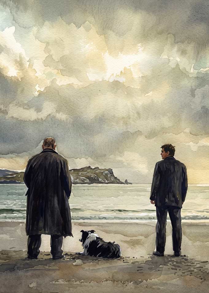 Men And Dog Beach Watercolor Art