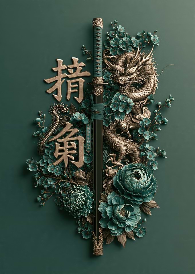 Katana Sword with Dragon and Flowers