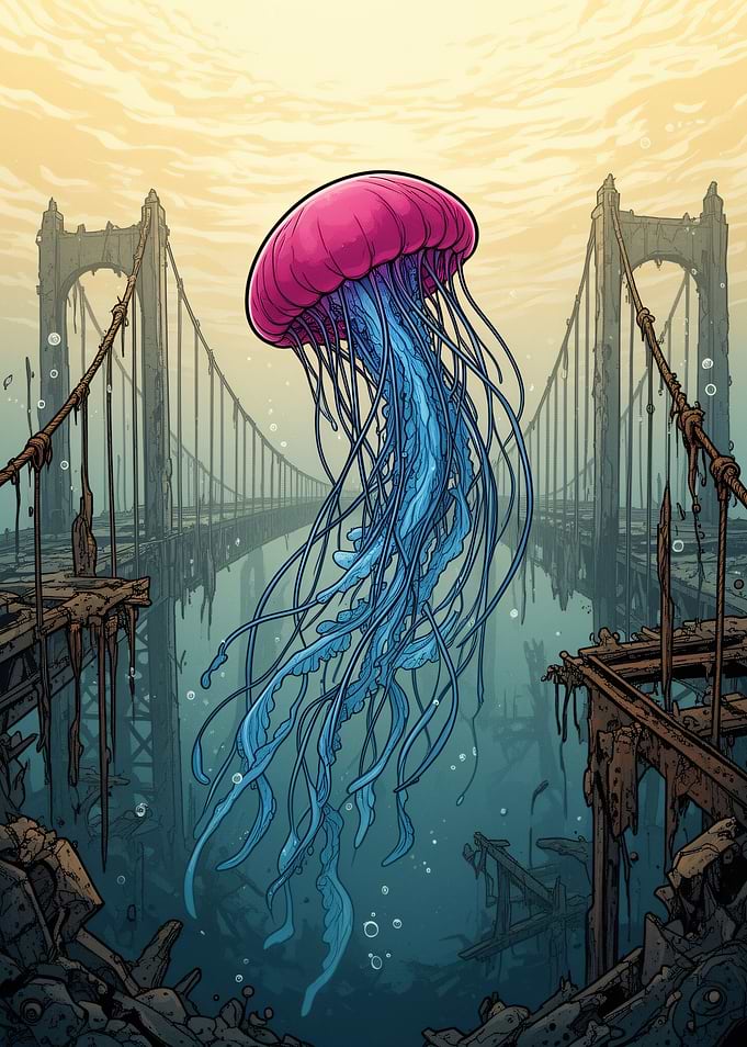 Jellyfish Floating Over Sunken Bridge