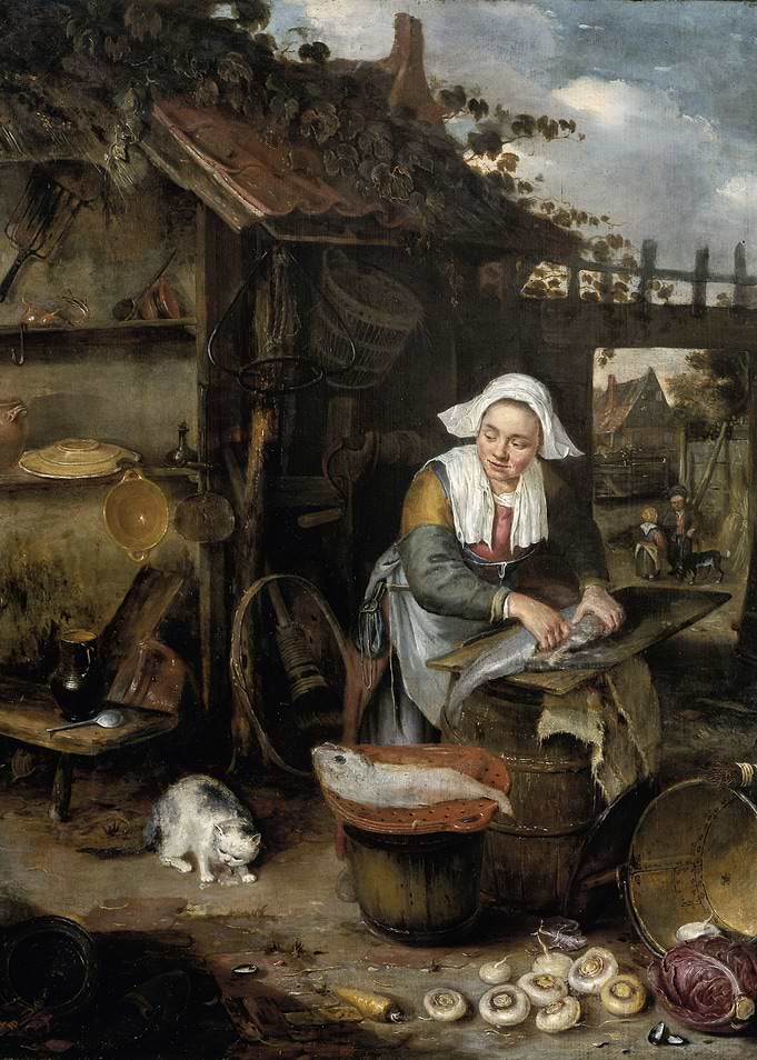 Woman Cleaning Fish in Rustic Kitchen