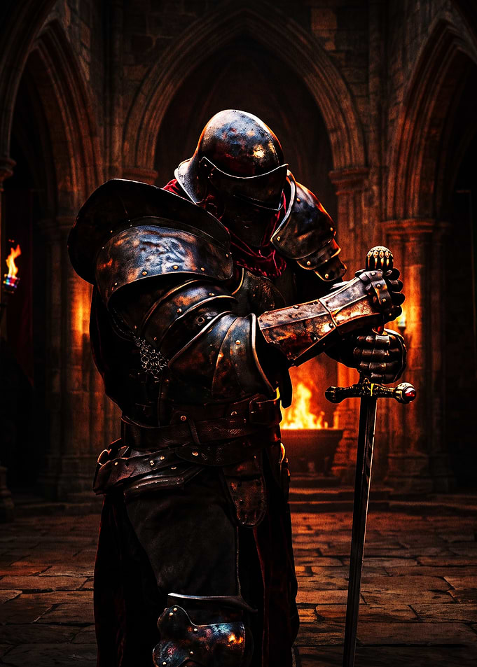 Knight Standing in Dark Castle