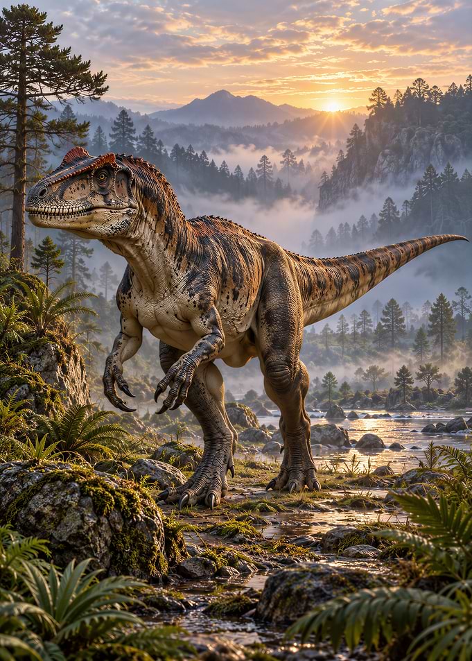 Allosaurus in a Misty Prehistoric Landscape