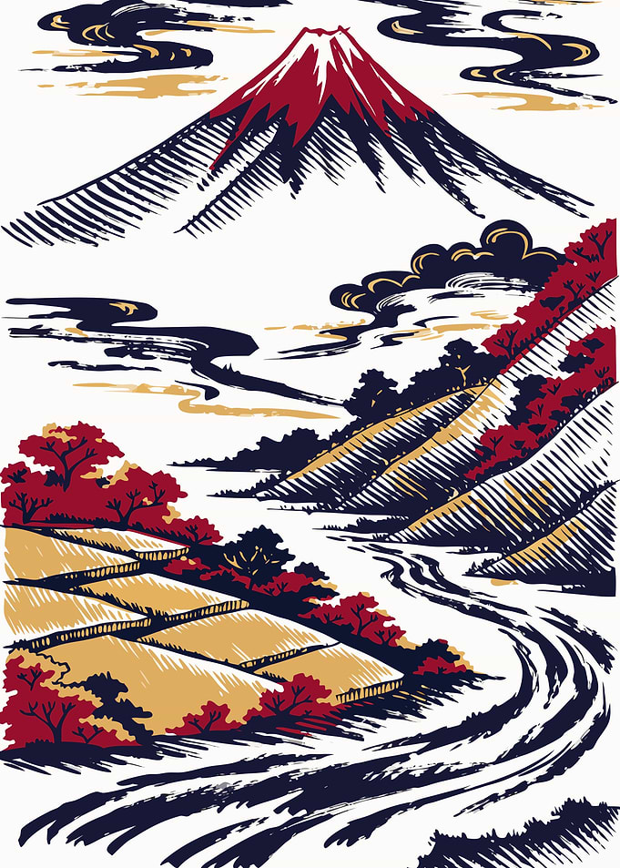 Mount Fuji Japanese Woodblock Print Style