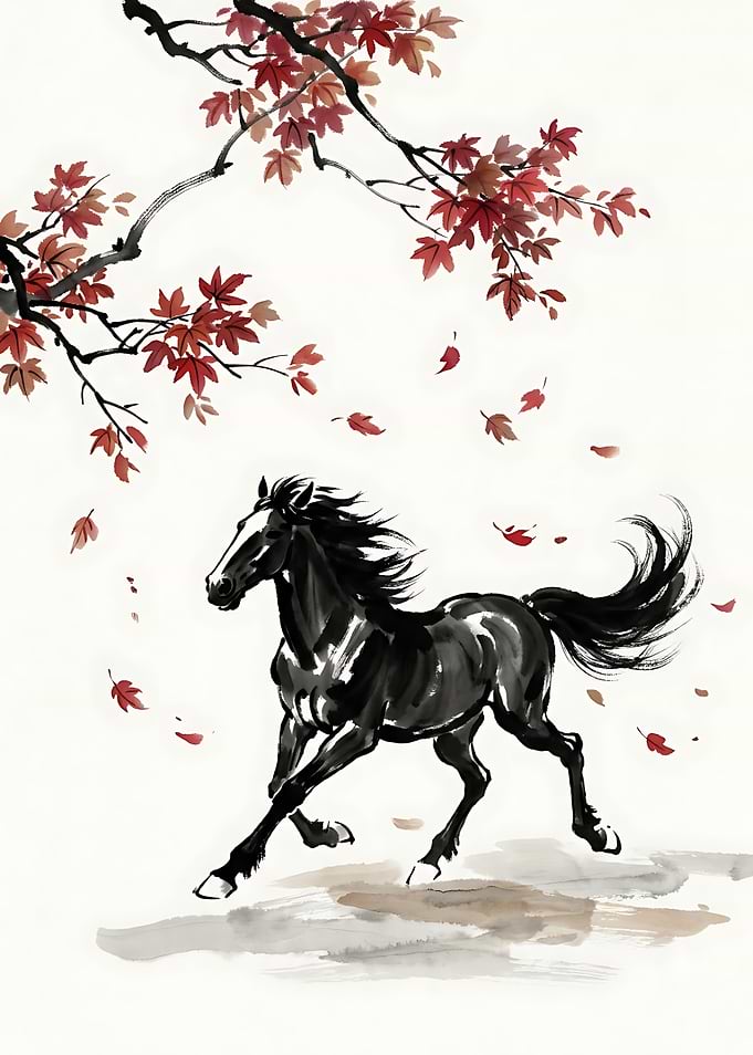 Black Horse Running Under Maple Tree
