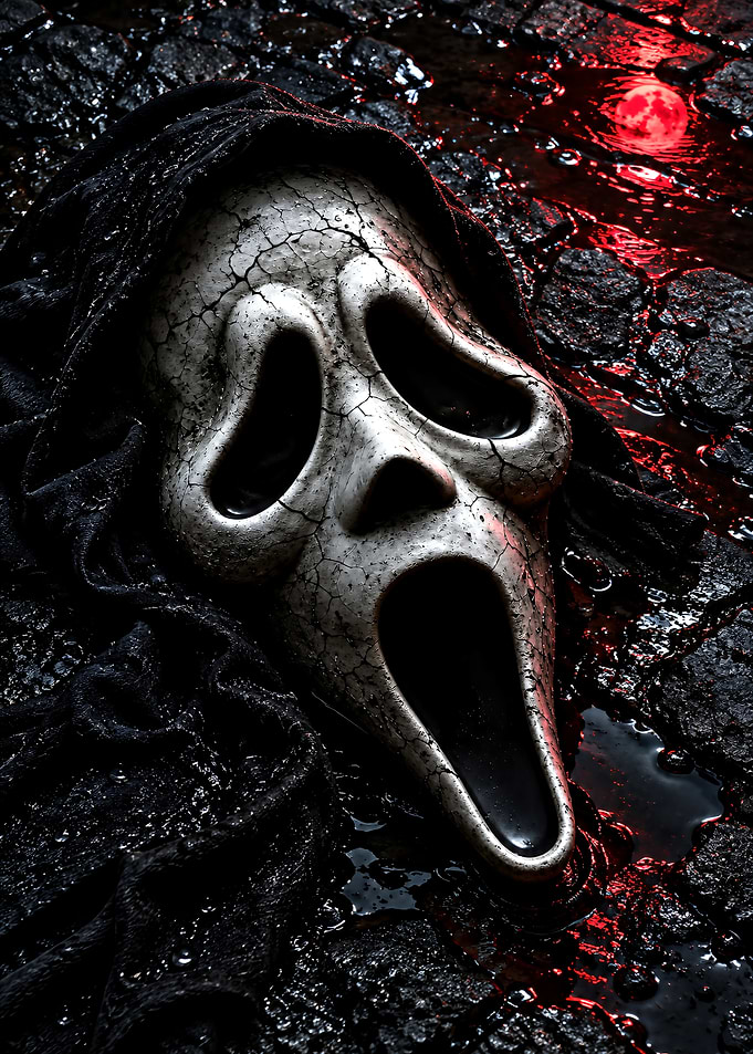 Ghostface Mask on Wet Cobblestones