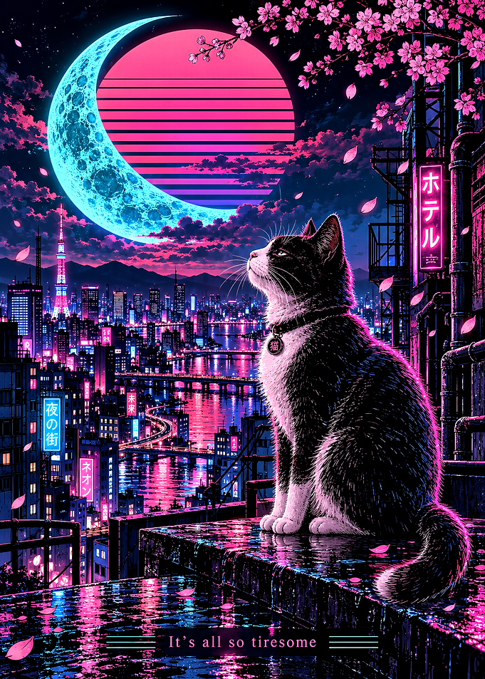 Cyberpunk Cat Overlooking Neon Tokyo