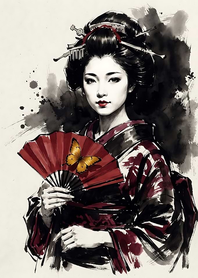Geisha with Butterfly and Fan