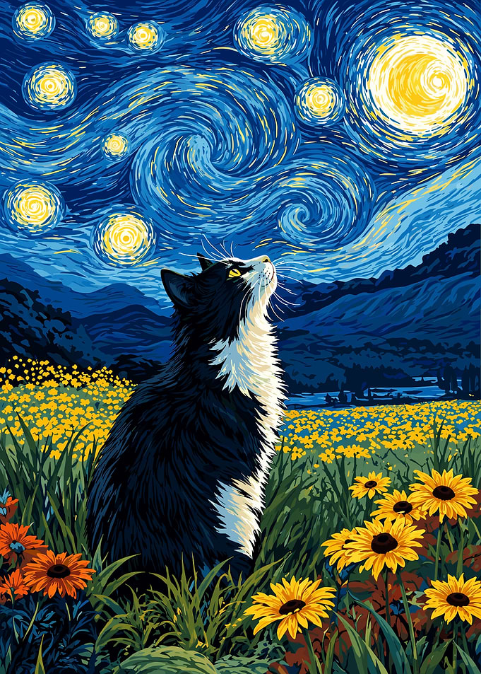 Cat in Starry Night Field