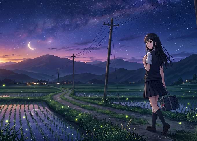 Anime Girl Walking Through Rural Fields