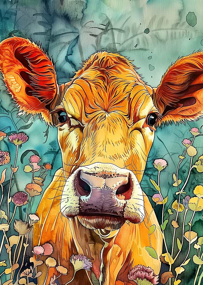 Vibrant Watercolor Portrait of a Cow