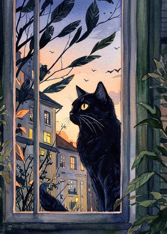 Black Cat Window View Watercolor Ar