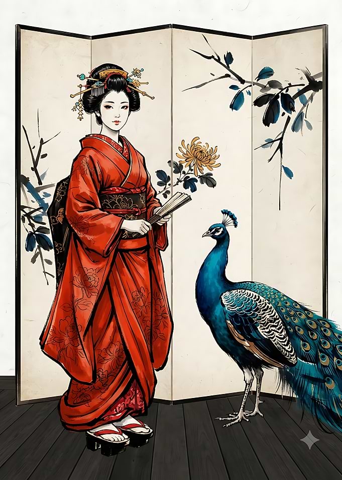 Geisha in Red Kimono with Peacock