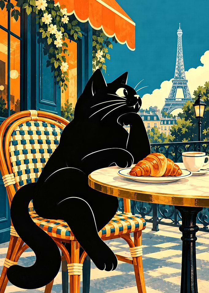 Black Cat Enjoying Paris Cafe