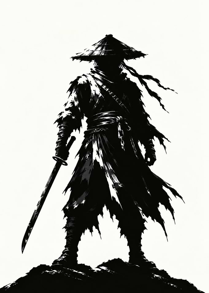 Ronin Samurai with Katana and Straw Hat