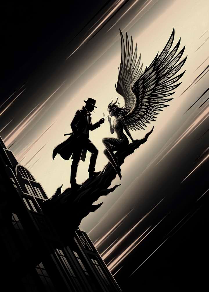 Midnight Encounter — Gothic Winged Woman and Mysterious Stranger