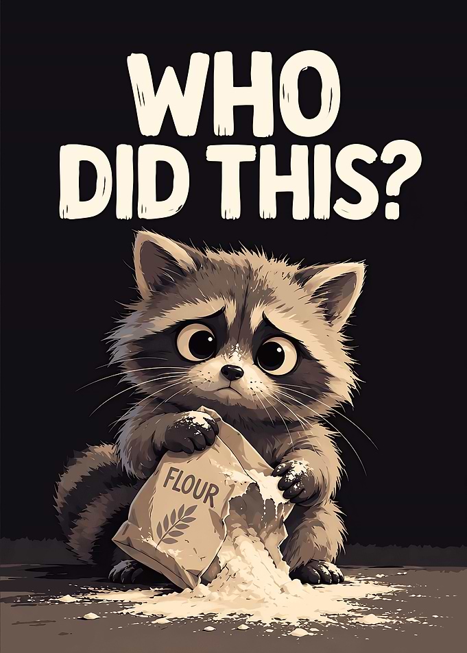 Cute Raccoon Spilled Flour Mess
