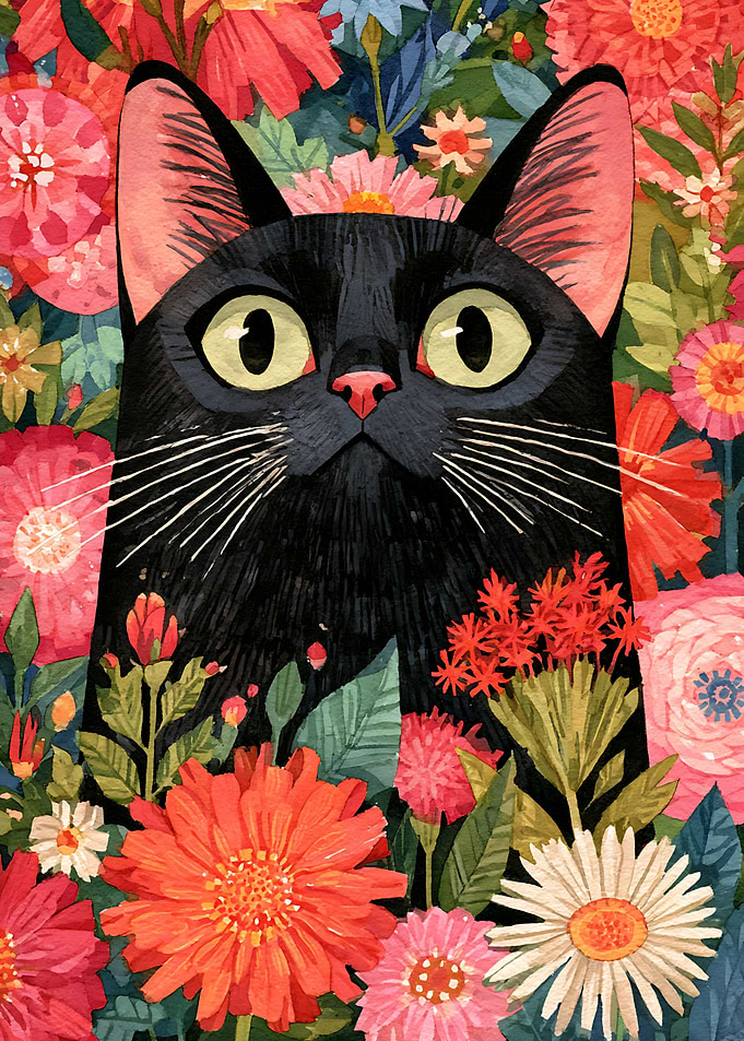 Black Cat Surrounded by Vibrant Flowers