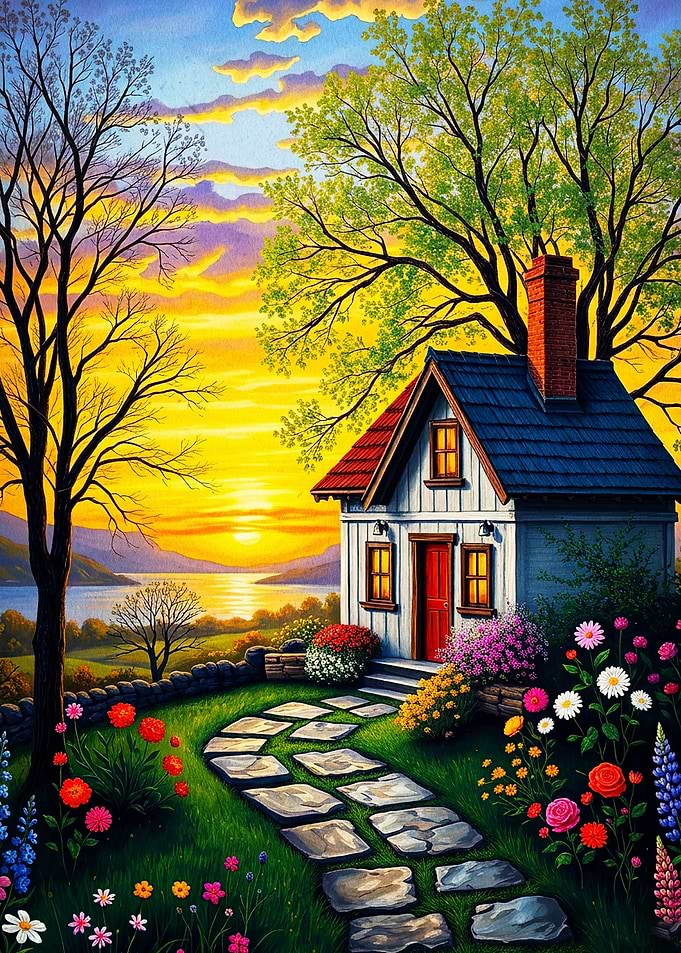 Sunset Cottage Garden Scenic Art