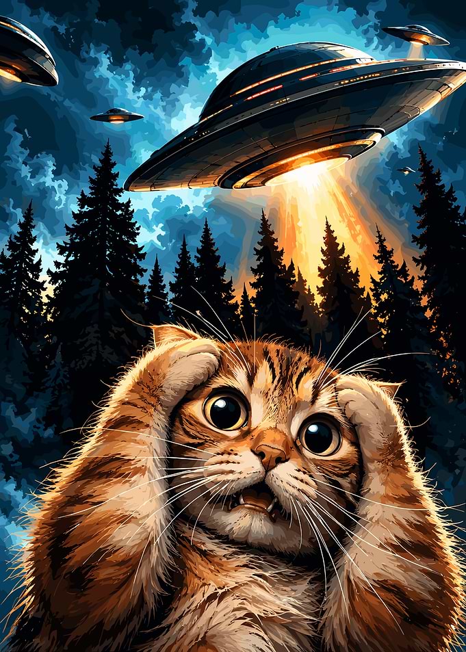 Shocked Cat Encountering Alien UFOs