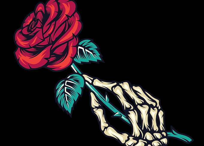 Skeleton Hand Holding Red Rose