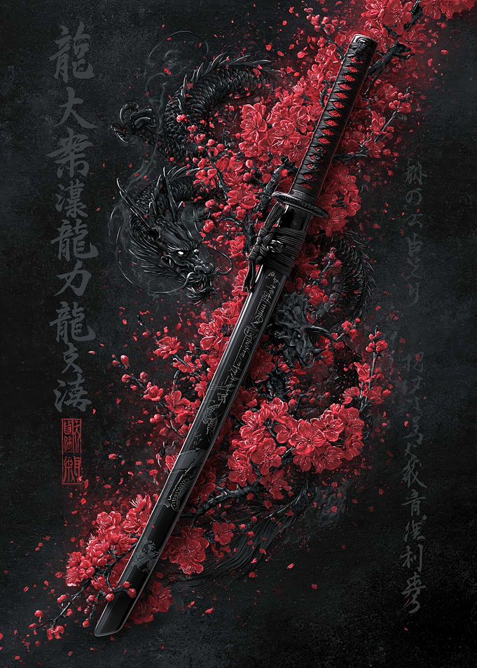 Black Katana with Red Cherry Blossoms