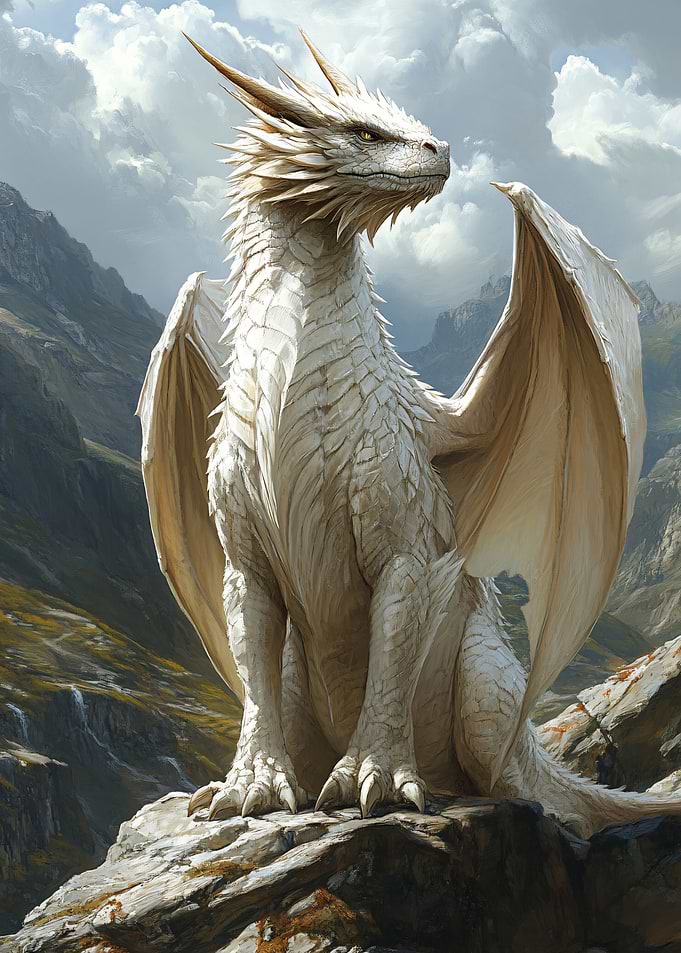 Majestic White Dragon on Mountain Peak