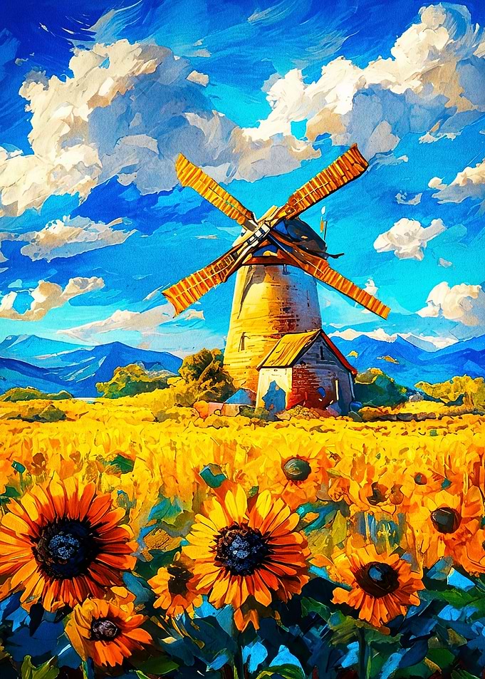 Sunflower Windmill Impasto Art Post