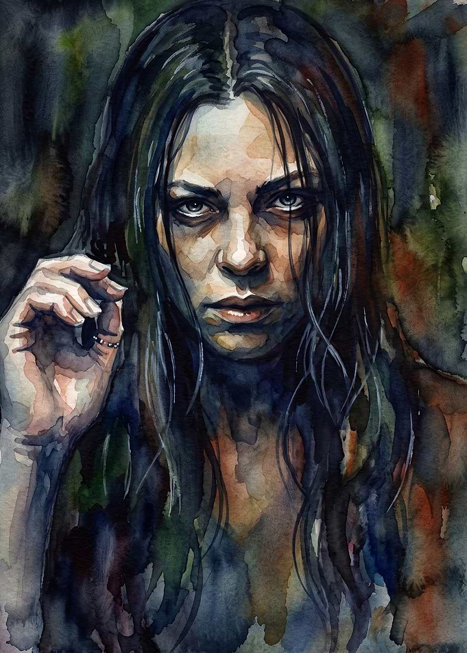 Dark Woman Portrait Watercolor Art