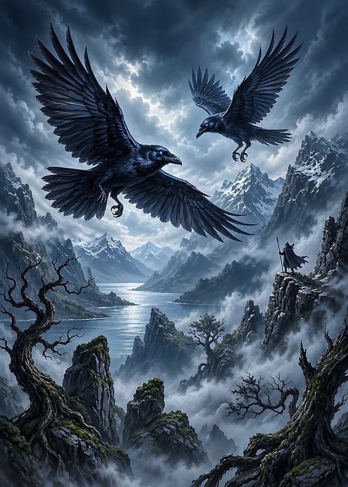 Ravens Over Misty Mountain Landscape