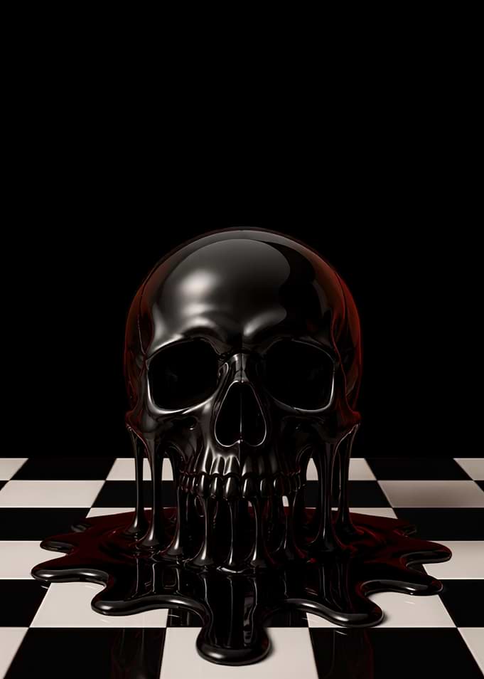 Melting Black Skull on Chessboard
